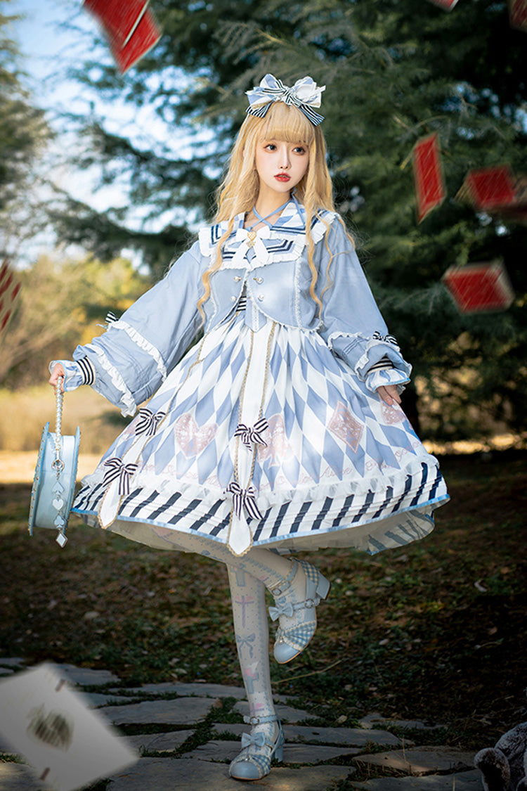 Lolita JSK Dress - Light Blue Heart Print, Blue, Printed, Sweet Style, Bow Detail - main product image