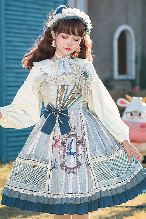 Lolita JSK Dress - Light Blue Vintage Finches In, Blue, Bow Detail, Ruffled, Printed - additional product view 3