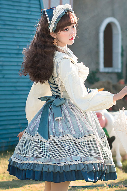 Lolita JSK Dress - Light Blue Vintage Finches In, Blue, Bow Detail, Ruffled, Printed - additional product view 4
