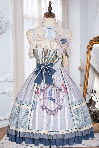 Lolita JSK Dress - Light Blue Vintage Finches In, Blue, Bow Detail, Ruffled, Printed - additional product view 5