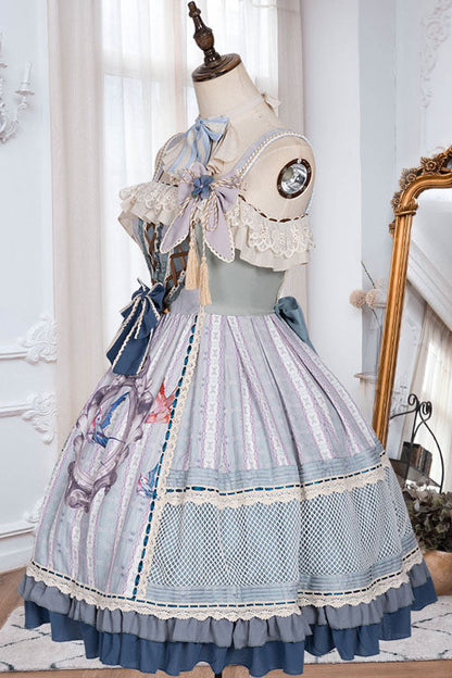 Lolita JSK Dress - Light Blue Vintage Finches In, Blue, Bow Detail, Ruffled, Printed - additional product view 6