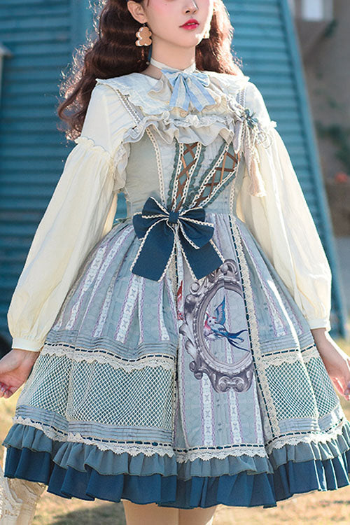 Lolita JSK Dress - Light Blue Vintage Finches In, Blue, Bow Detail, Ruffled, Printed - main product image