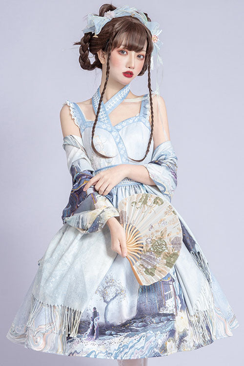 Lolita JSK Dress - Light Blue Vintage Landscape, Blue, High Waist, Classic Style - additional product view 2