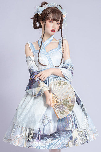Lolita JSK Dress - Light Blue Vintage Landscape, Blue, High Waist, Classic Style - additional product view 2