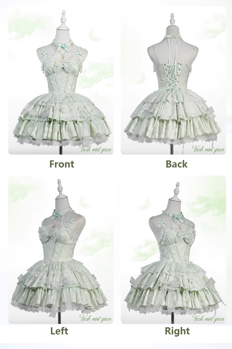 Lolita JSK Dress - Light Green Halterneck, Green, Ballet-Inspired Style, Bow Detail - additional product view 4