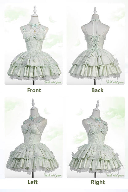 Lolita JSK Dress - Light Green Halterneck, Green, Ballet-Inspired Style, Bow Detail - additional product view 4