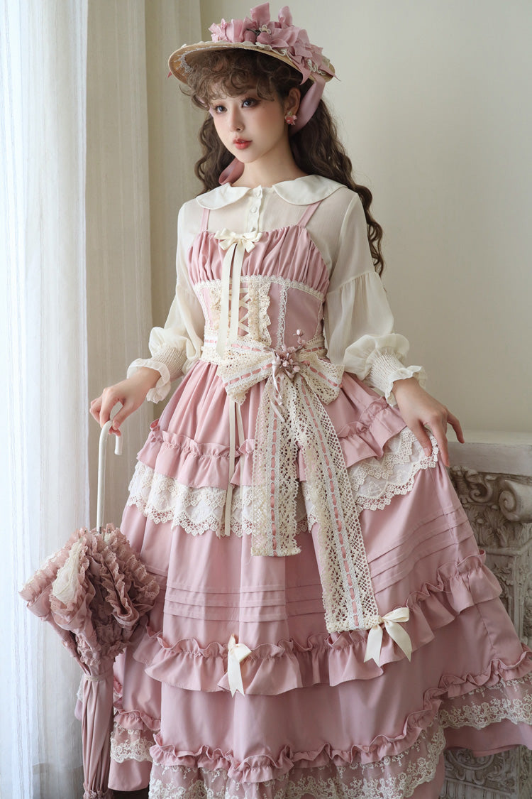 Lolita JSK Dress - Lillian, 4 Colors, Lace Trim, Ruffled, Sweet Style - S Pink / M Pink / L Pink option