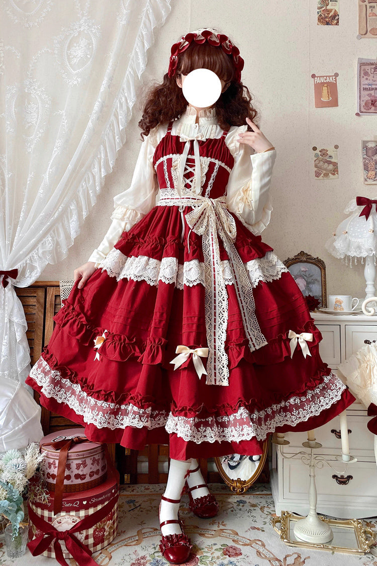 Lolita JSK Dress - Lillian, 4 Colors, Lace Trim, Ruffled, Sweet Style - S Red / M Red / L Red option