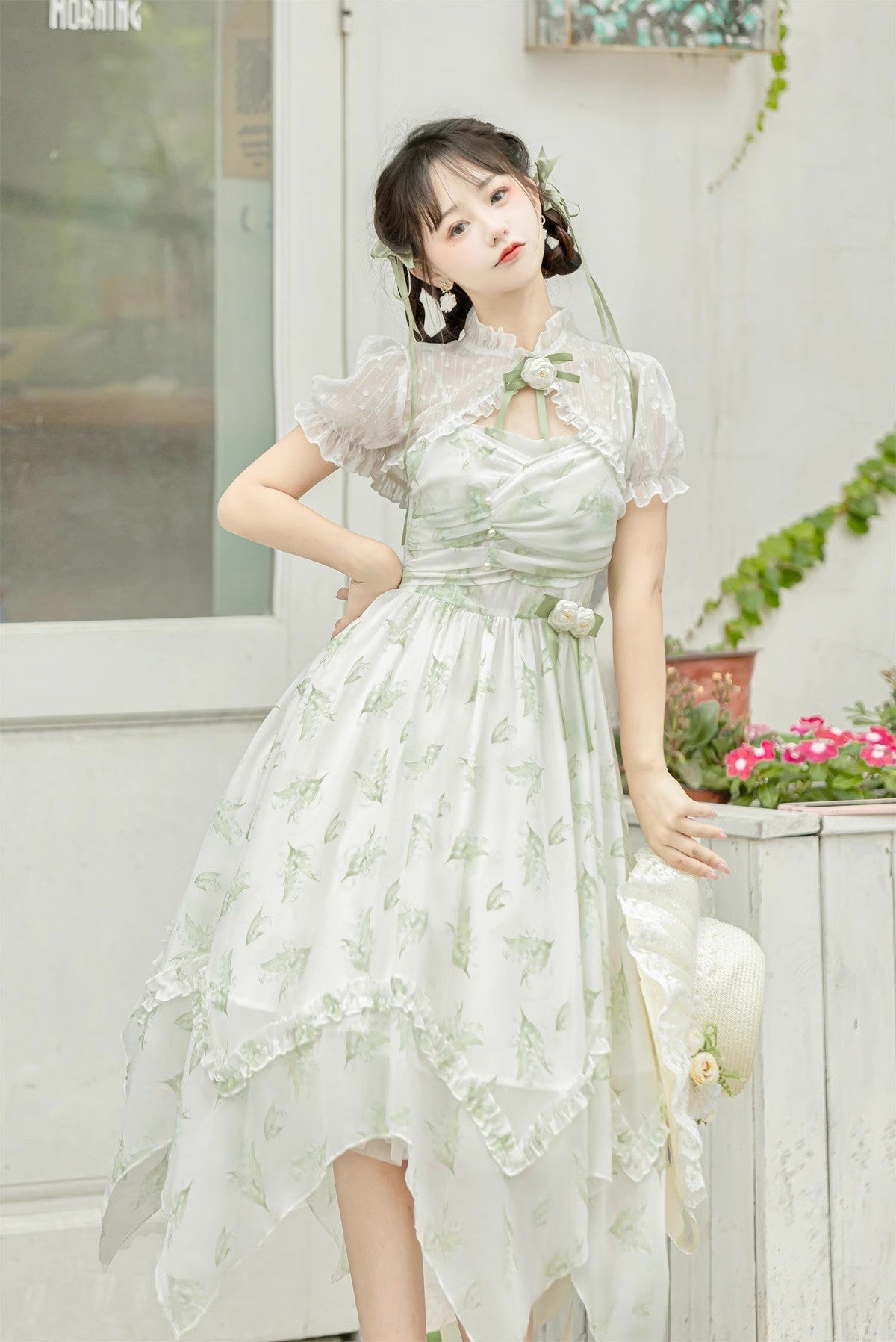 Lolita JSK Dress - Lily Of The Valley Spring, Green, Sweet Style, Bow Detail, Printed - additional product view 2