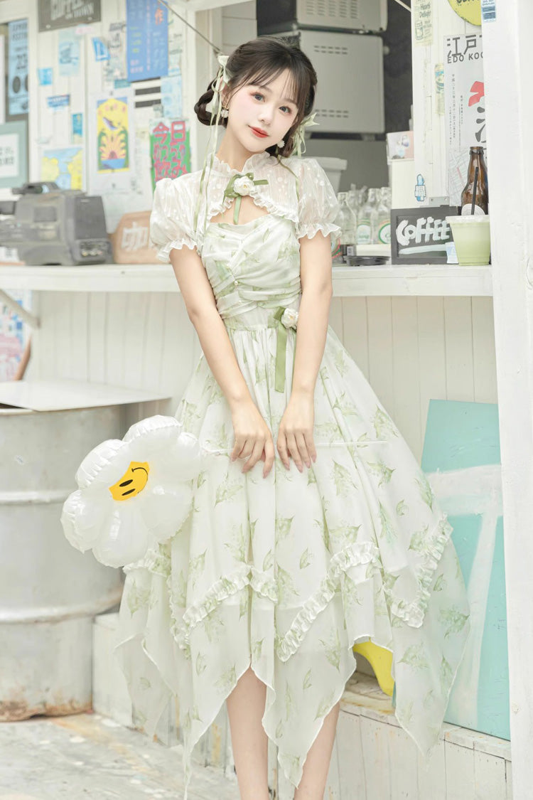 Lolita JSK Dress - Lily Of The Valley Spring, Green, Sweet Style, Bow Detail, Printed - additional product view 3