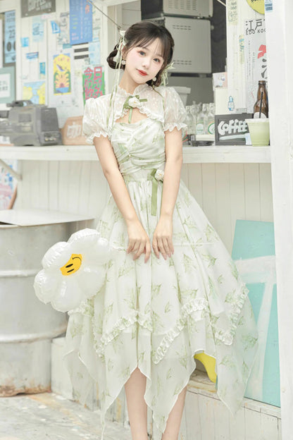 Lolita JSK Dress - Lily Of The Valley Spring, Green, Sweet Style, Bow Detail, Printed - additional product view 3