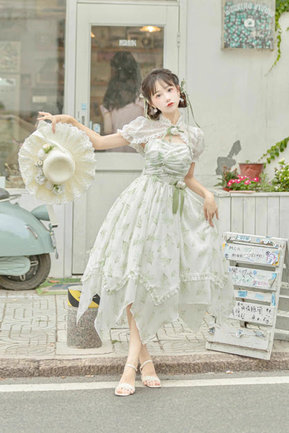 Lolita JSK Dress - Lily Of The Valley Spring, Green, Sweet Style, Bow Detail, Printed - additional product view 4
