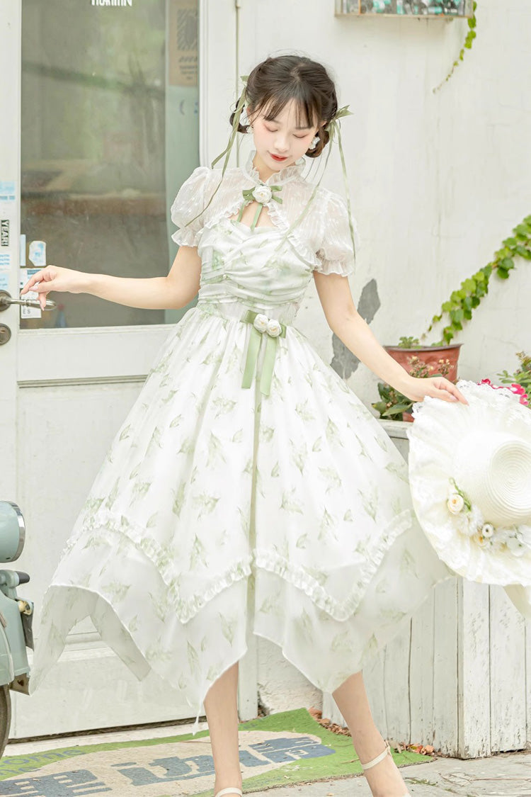 Lolita JSK Dress - Lily Of The Valley Spring, Green, Sweet Style, Bow Detail, Printed - additional product view 5