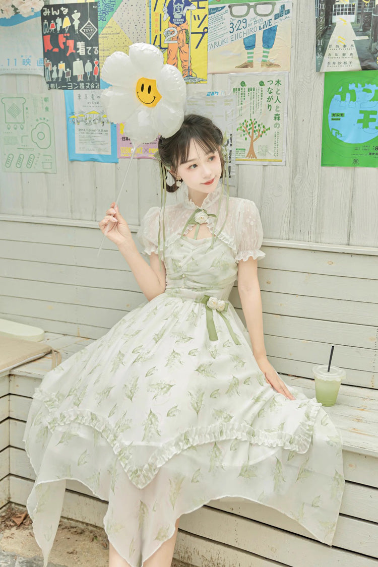 Lolita JSK Dress - Lily Of The Valley Spring, Green, Sweet Style, Bow Detail, Printed - additional product view 6