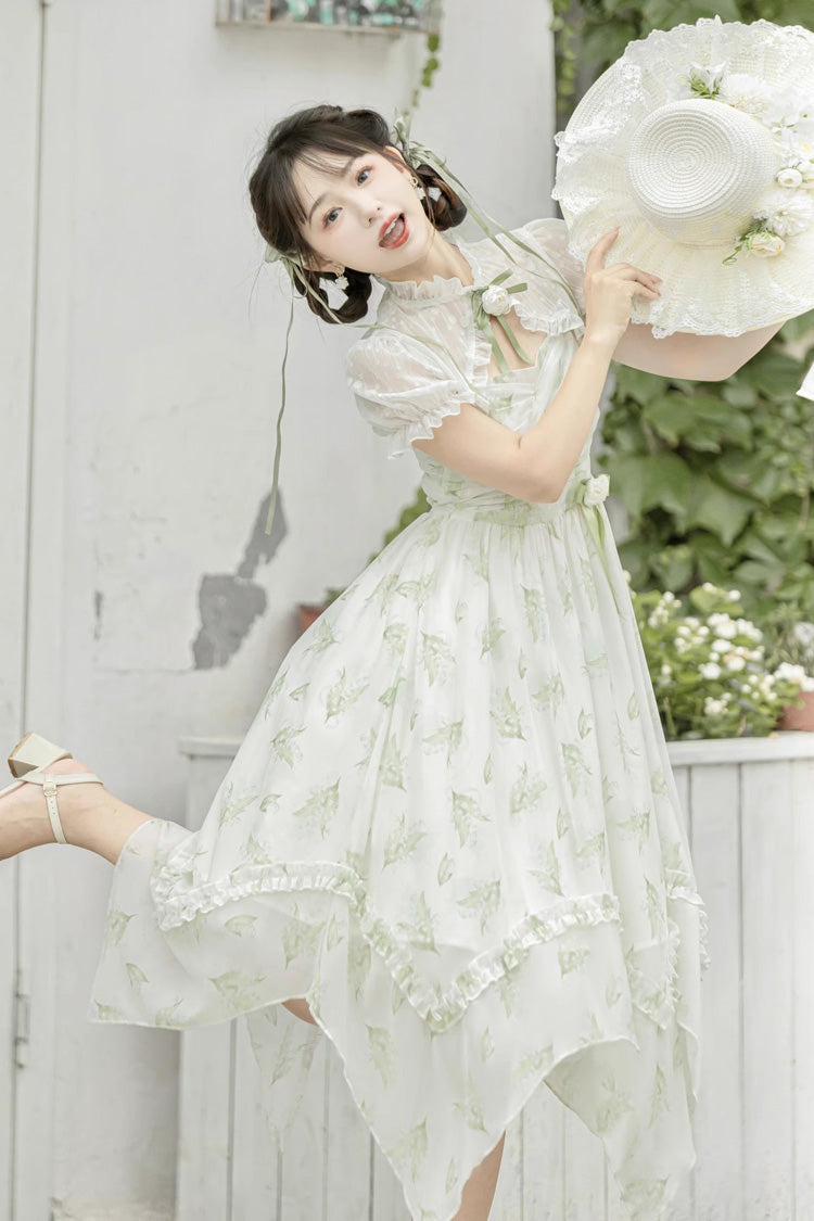 Lolita JSK Dress - Lily Of The Valley Spring, Green, Sweet Style, Bow Detail, Printed - additional product view 7