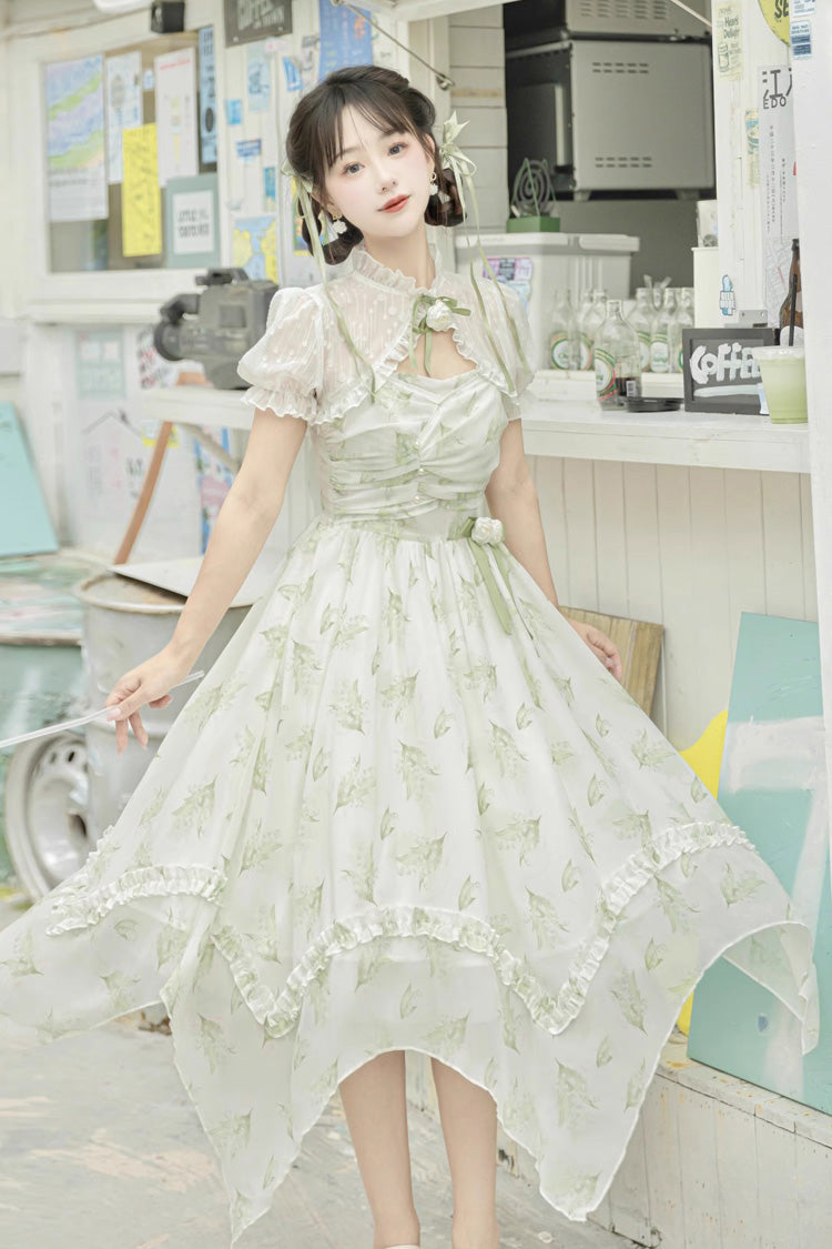 Lolita JSK Dress - Lily Of The Valley Spring, Green, Sweet Style, Bow Detail, Printed - additional product view 8