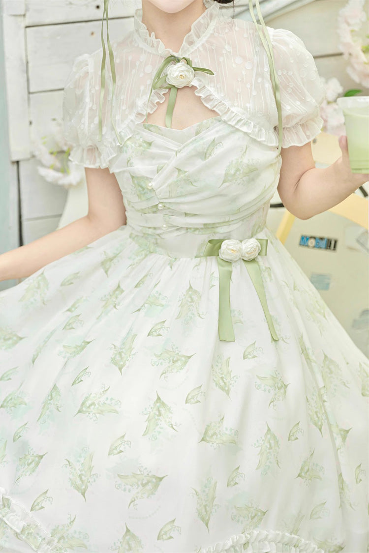 Lolita JSK Dress - Lily Of The Valley Spring, Green, Sweet Style, Bow Detail, Printed - additional product view 9