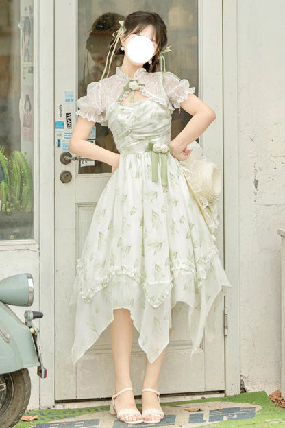 Lolita JSK Dress - Lily Of The Valley Spring, Green, Sweet Style, Bow Detail, Printed - main product image