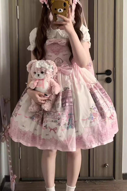 Lolita JSK Dress - Little Bear Shop, Pink, Printed, Sweet Style, Bow Detail - additional product view 4