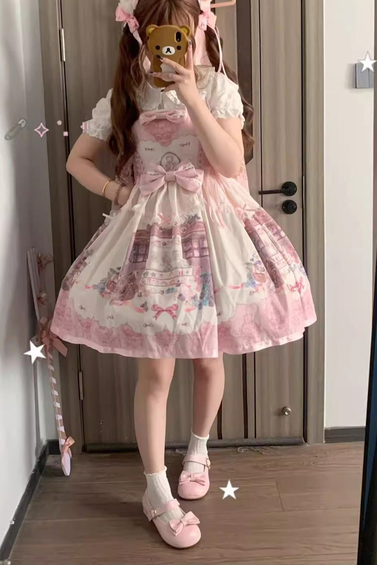 Lolita JSK Dress - Little Bear Shop, Pink, Printed, Sweet Style, Bow Detail - S Pink JSK / M Pink JSK / L Pink JSK option