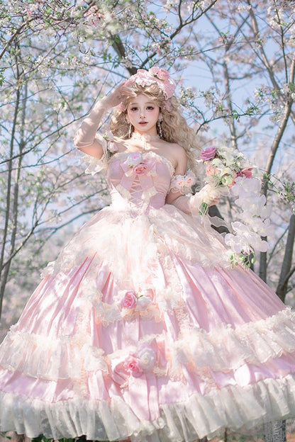 Lolita JSK Dress - Love And Roses, Pink, Ruffled, Sweet Style, Bow Detail - main product image