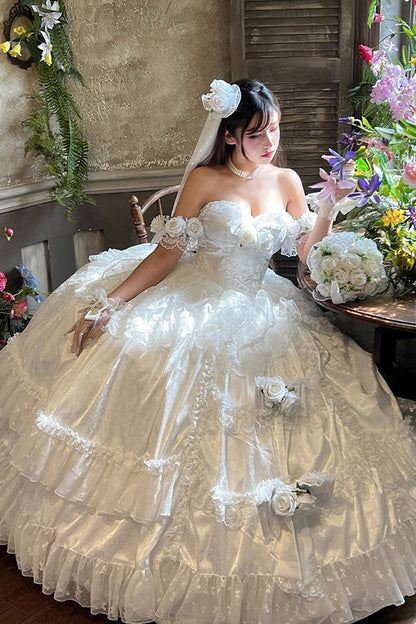 Lolita JSK Dress - Love And Roses, White, Lace Trim, Ruffled, Sweet Style - additional product view 4