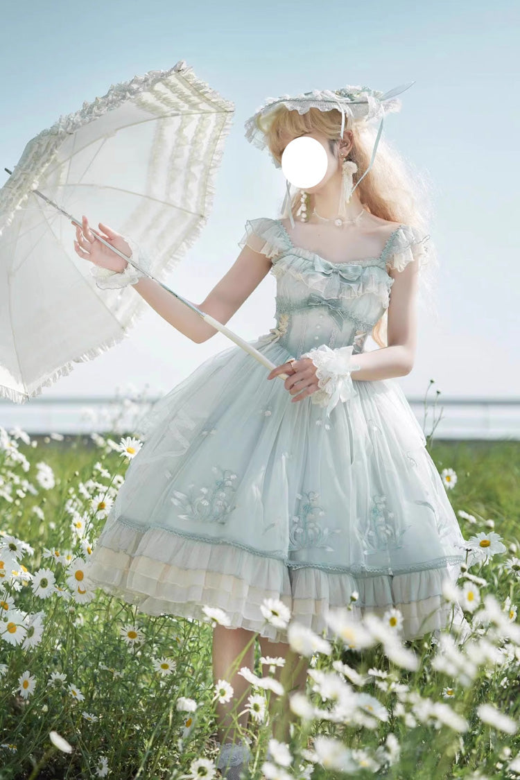 Lolita JSK Dress - Love Is Coming, Green, Bow Detail, Ruffled, Embroidered - main product image