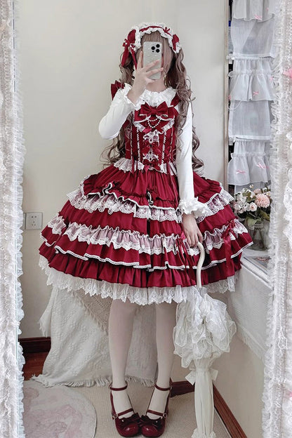 Lolita JSK Dress - Love Notebook, 5 Colors, Sweet Style, Bow Detail, Lace Trim - S Red / M Red / L Red option