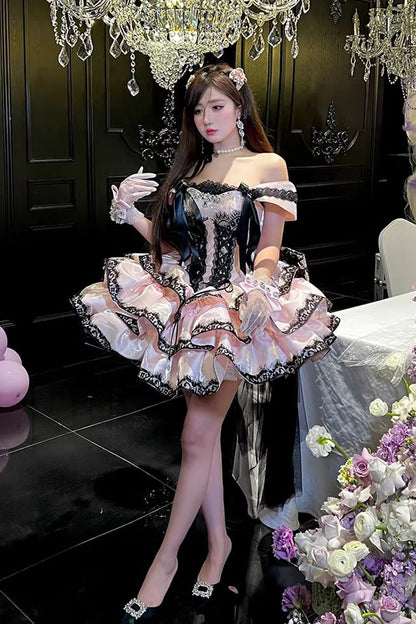 Lolita JSK Dress - Love Poems Of The Heart, Pink, Ruffled, Layered, Lace-Up - additional product view 4