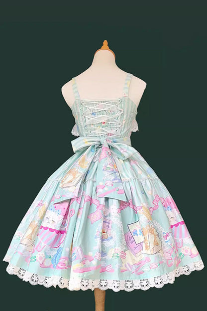 Lolita JSK Dress - Macaron Dolly House, Green, Sweet Style, Bow Detail, Printed - additional product view 3