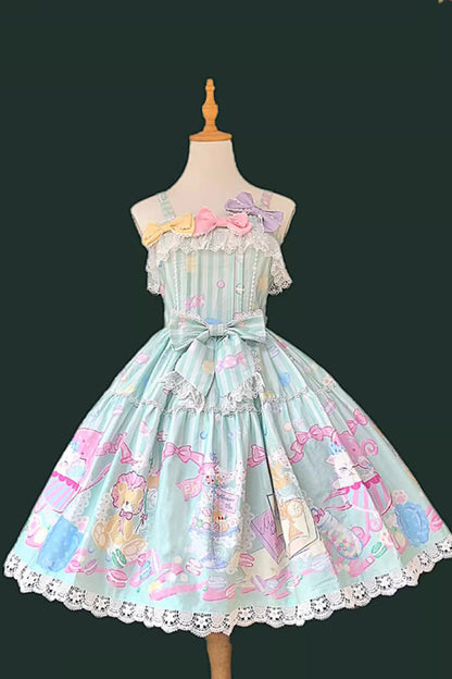Lolita JSK Dress - Macaron Dolly House, Green, Sweet Style, Bow Detail, Printed - main product image