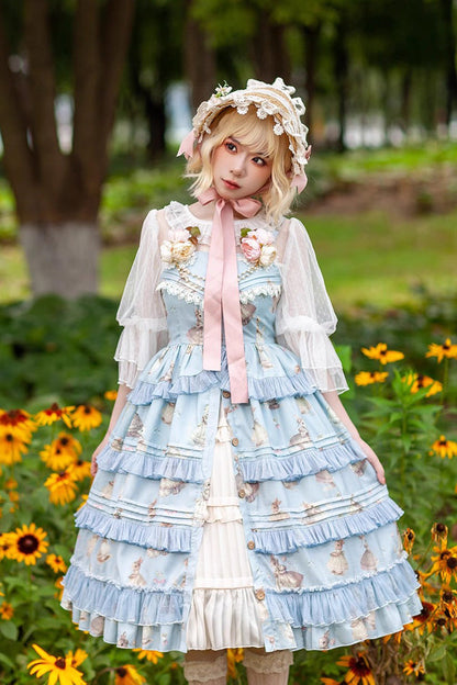 Lolita JSK Dress - Miss Rabbit Dance Print, 4 Colors, Ruffled, Printed, Sweet Style - additional product view 4