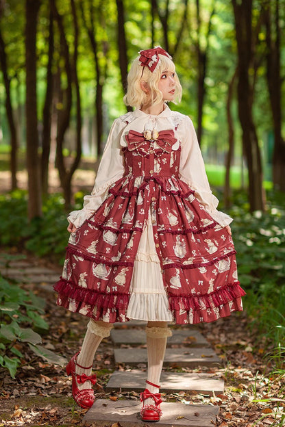 Lolita JSK Dress - Miss Rabbit Dance Print, 4 Colors, Ruffled, Printed, Sweet Style - main product image