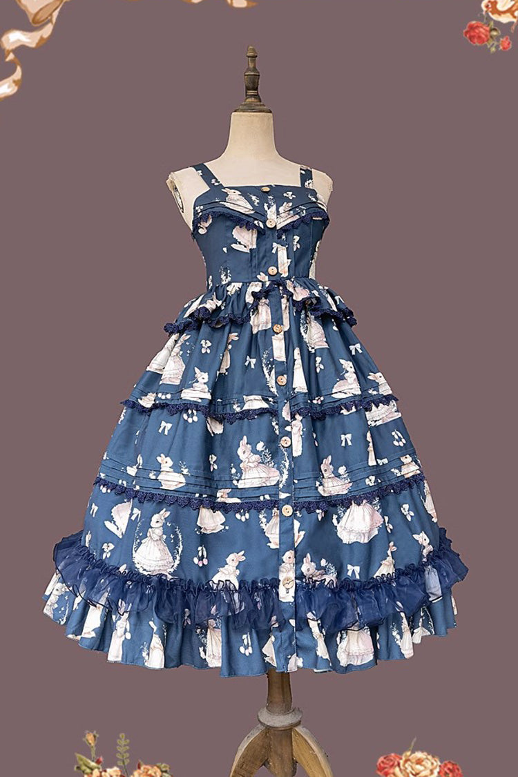 Lolita JSK Dress - Miss Rabbit Dance Print, 4 Colors, Ruffled, Printed, Sweet Style - S Blue / M Blue / L Blue option