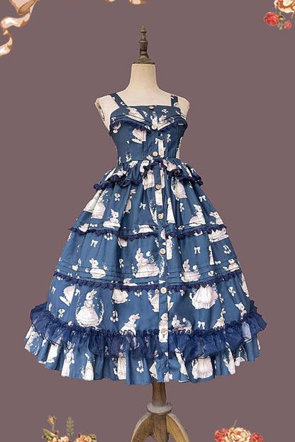 Lolita JSK Dress - Miss Rabbit Dance Print, 4 Colors, Ruffled, Printed, Sweet Style - S Blue / M Blue / L Blue option