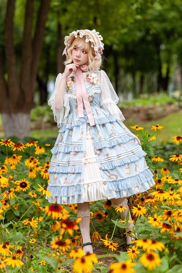 Lolita JSK Dress - Miss Rabbit Dance Print, 4 Colors, Ruffled, Printed, Sweet Style - S SAX / M SAX / L SAX option