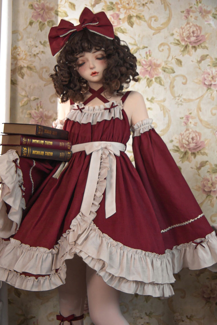 Lolita JSK Dress - Monet Estate, Red, High Waist, Gothic Style, Bow Detail - additional product view 2