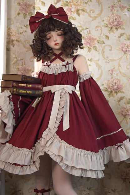 Lolita JSK Dress - Monet Estate, Red, High Waist, Gothic Style, Bow Detail - additional product view 2