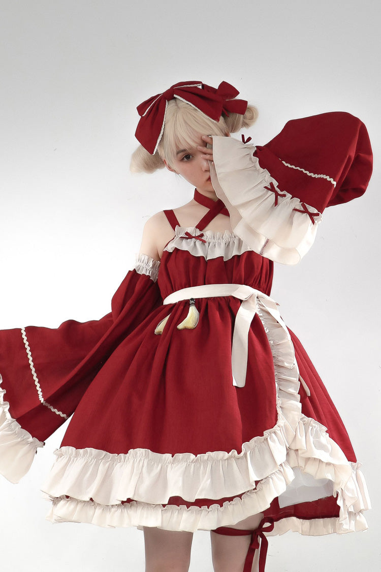 Lolita JSK Dress - Monet Estate, Red, High Waist, Gothic Style, Bow Detail - additional product view 3