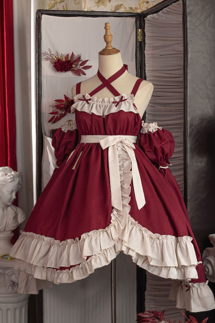 Lolita JSK Dress - Monet Estate, Red, High Waist, Gothic Style, Bow Detail - additional product view 4