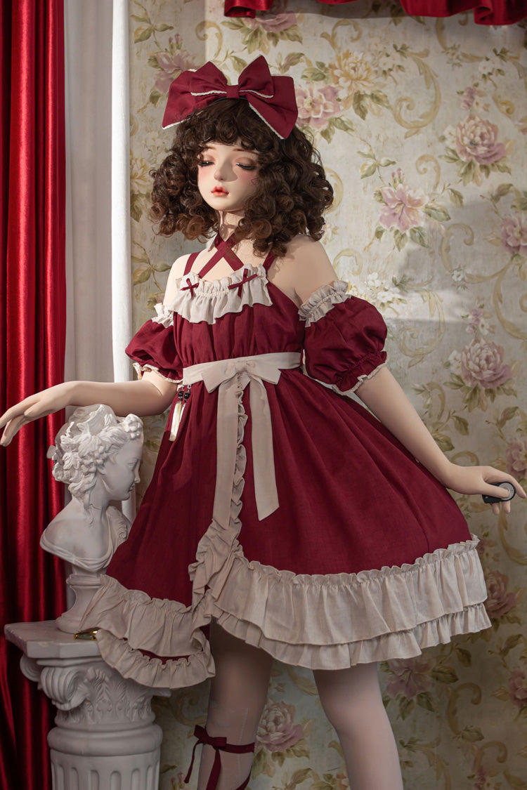 Lolita JSK Dress - Monet Estate, Red, High Waist, Gothic Style, Bow Detail - additional product view 6