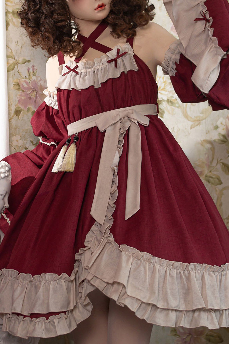 Lolita JSK Dress - Monet Estate, Red, High Waist, Gothic Style, Bow Detail - additional product view 7