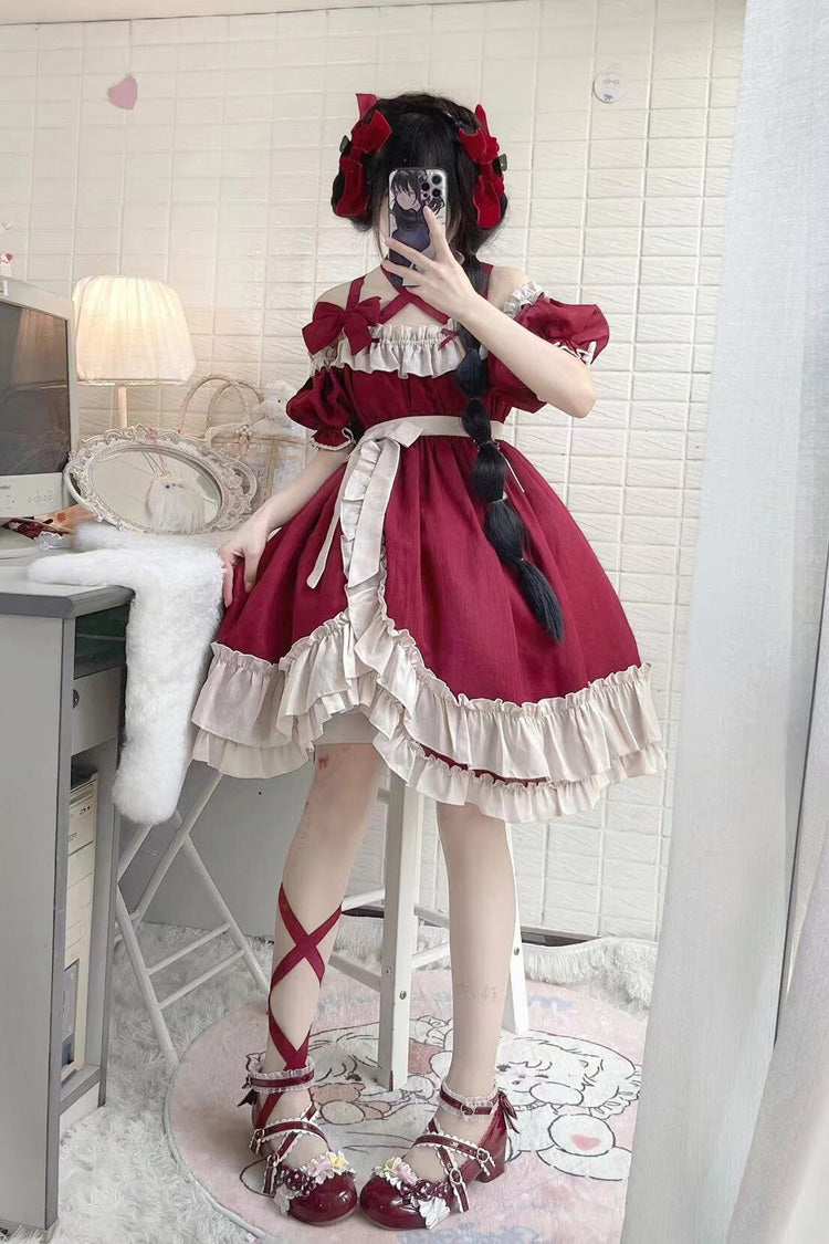 Lolita JSK Dress - Monet Estate, Red, High Waist, Gothic Style, Bow Detail - additional product view 8