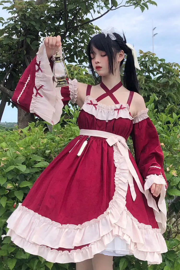 Lolita JSK Dress - Monet Estate, Red, High Waist, Gothic Style, Bow Detail - additional product view 9