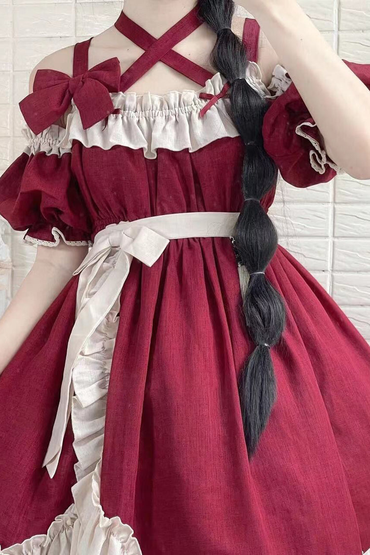 Lolita JSK Dress - Monet Estate, Red, High Waist, Gothic Style, Bow Detail - additional product view 11