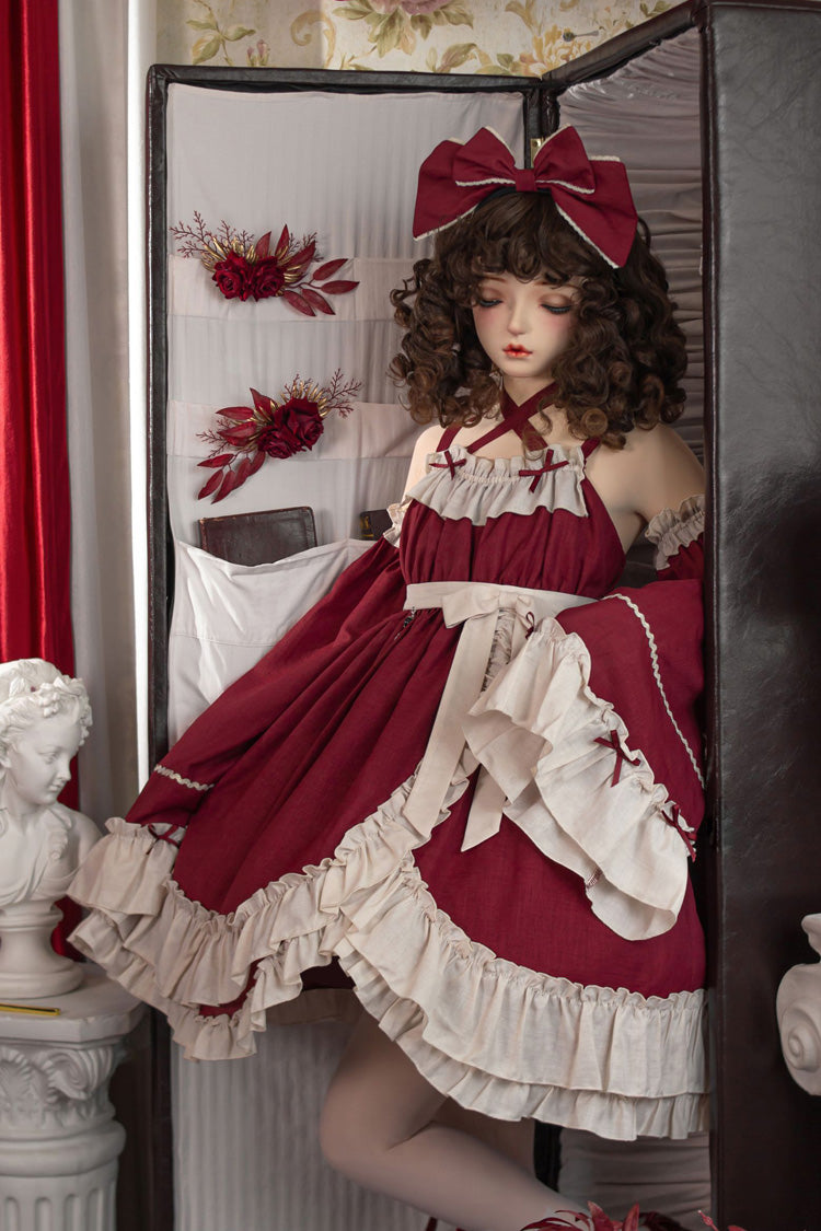 Lolita JSK Dress - Monet Estate, Red, High Waist, Gothic Style, Bow Detail - additional product view 12