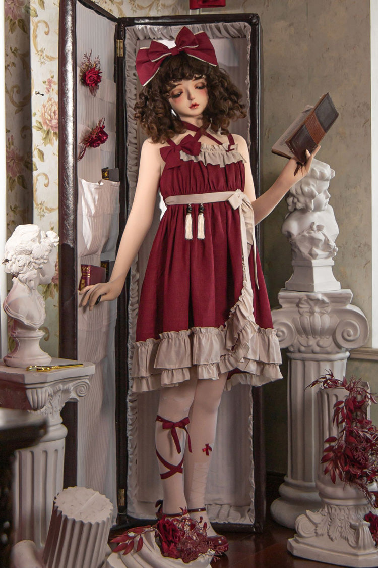 Lolita JSK Dress - Monet Estate, Red, High Waist, Gothic Style, Bow Detail - additional product view 13