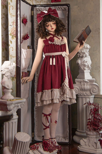 Lolita JSK Dress - Monet Estate, Red, High Waist, Gothic Style, Bow Detail - additional product view 13