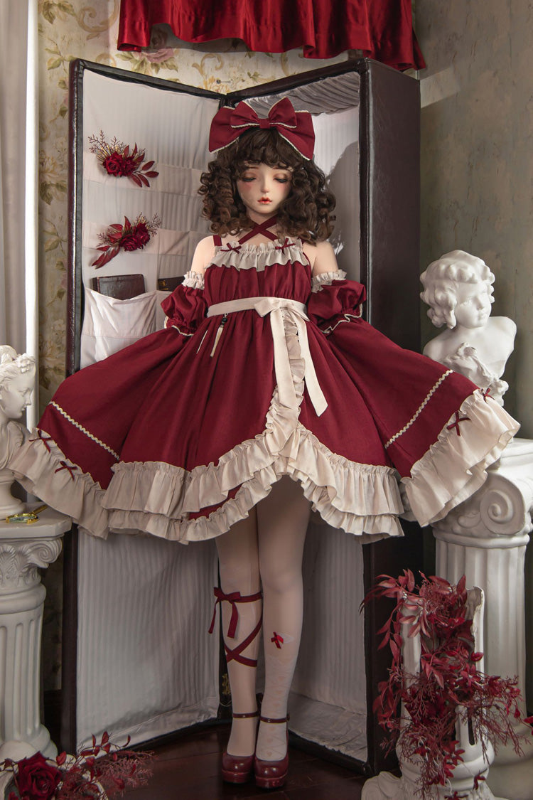 Lolita JSK Dress - Monet Estate, Red, High Waist, Gothic Style, Bow Detail - additional product view 16