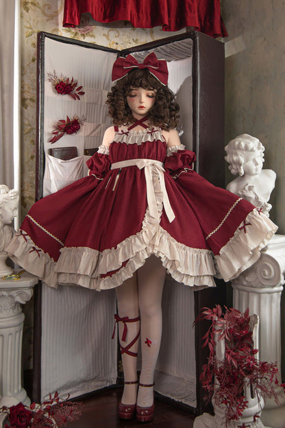 Lolita JSK Dress - Monet Estate, Red, High Waist, Gothic Style, Bow Detail - additional product view 16